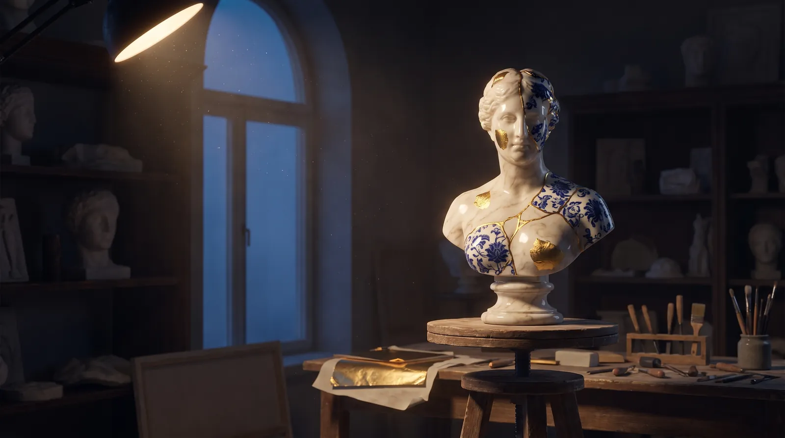 A sculptor's atelier at night with a marble bust mended with gold on a turntable