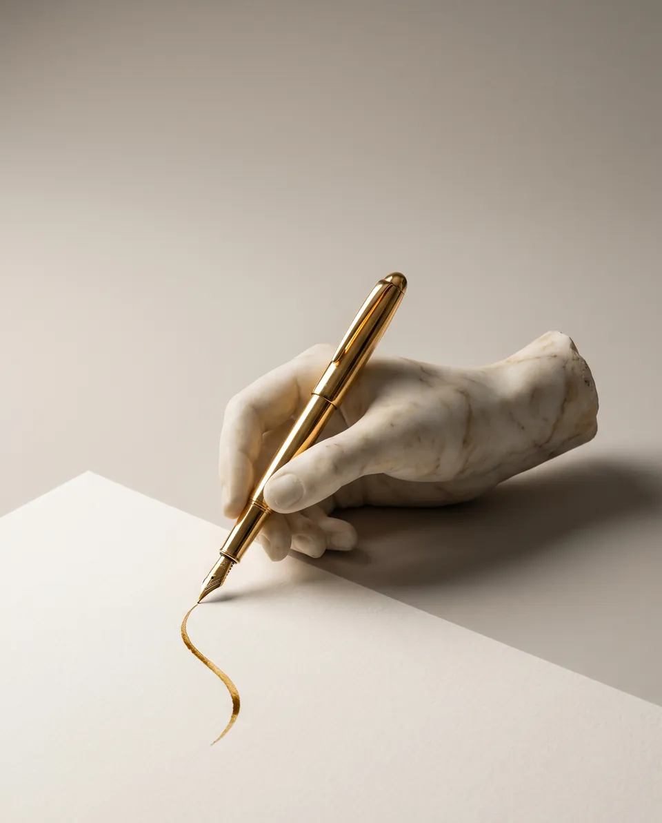 A marble hand holding a gold fountain pen above a sheet of paper