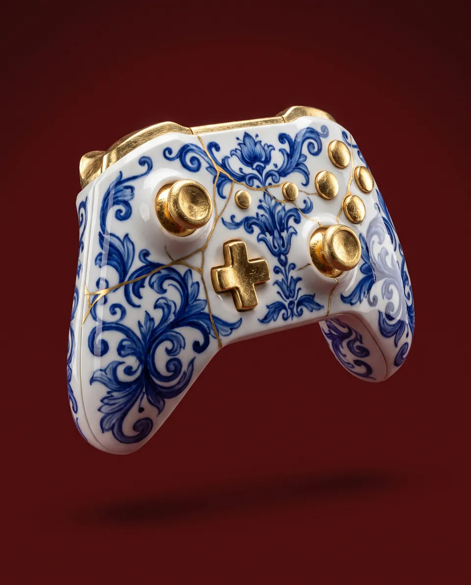 Concept art: a game controller rendered in blue and white porcelain with gold buttons