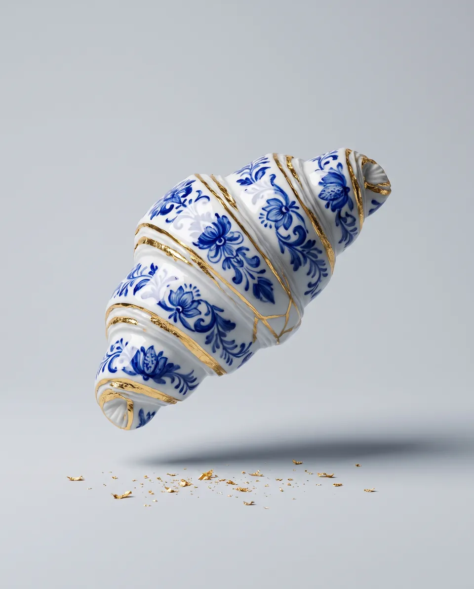 Concept art: a croissant rendered in blue and white porcelain with gold edges