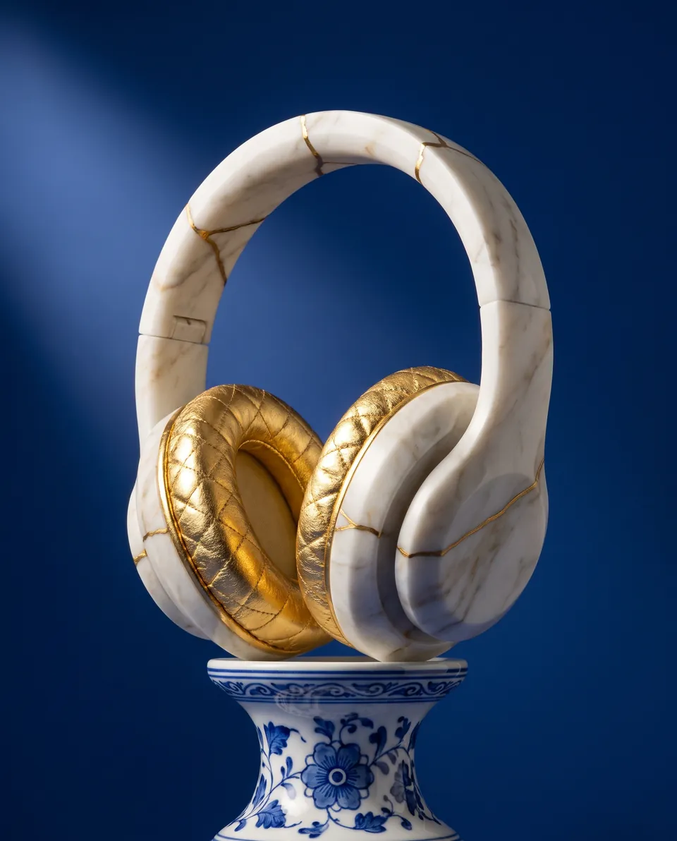 Concept art: headphones carved from marble with gold ear cushions