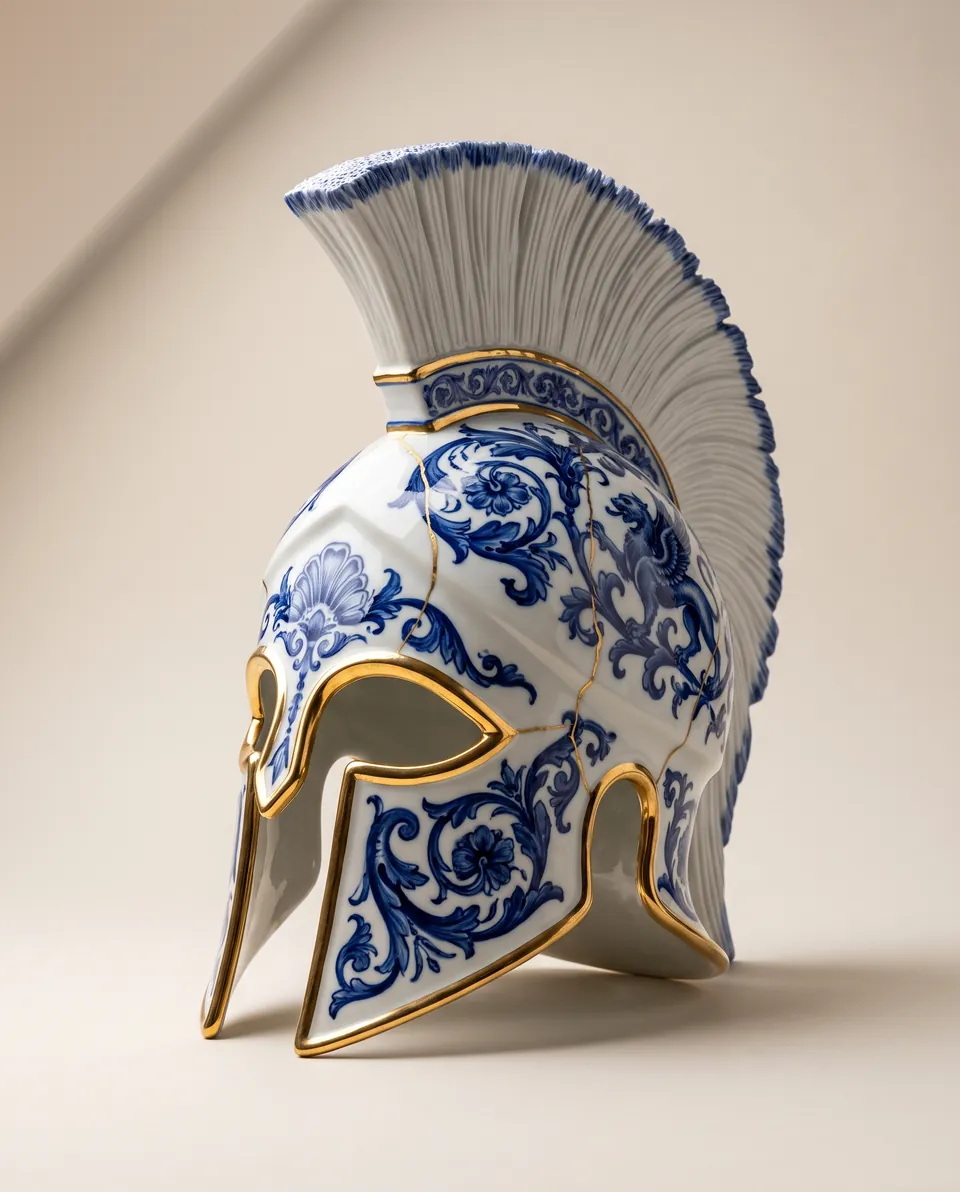 Concept art: a Corinthian helmet in blue and white porcelain with a tall crest