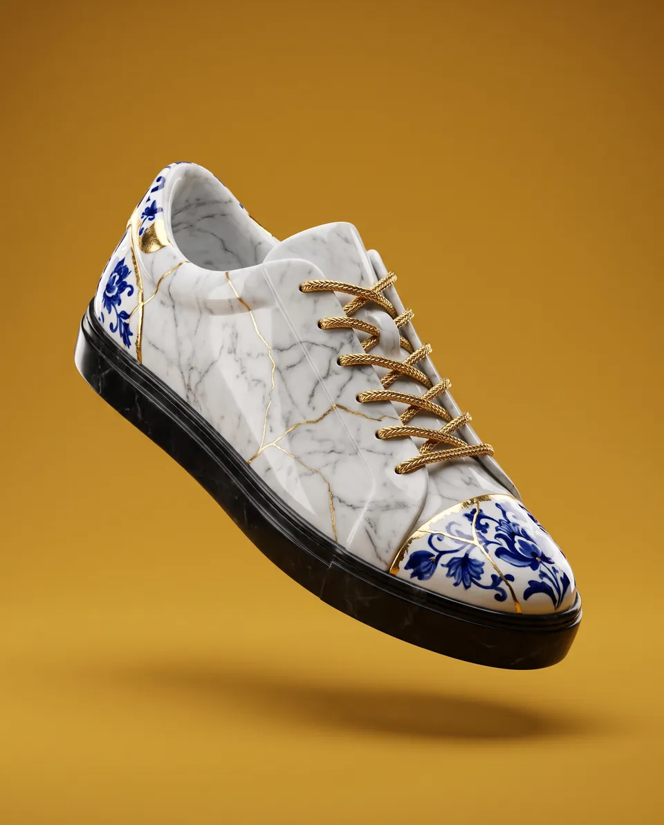 Concept art: a sneaker carved from white marble with gold laces